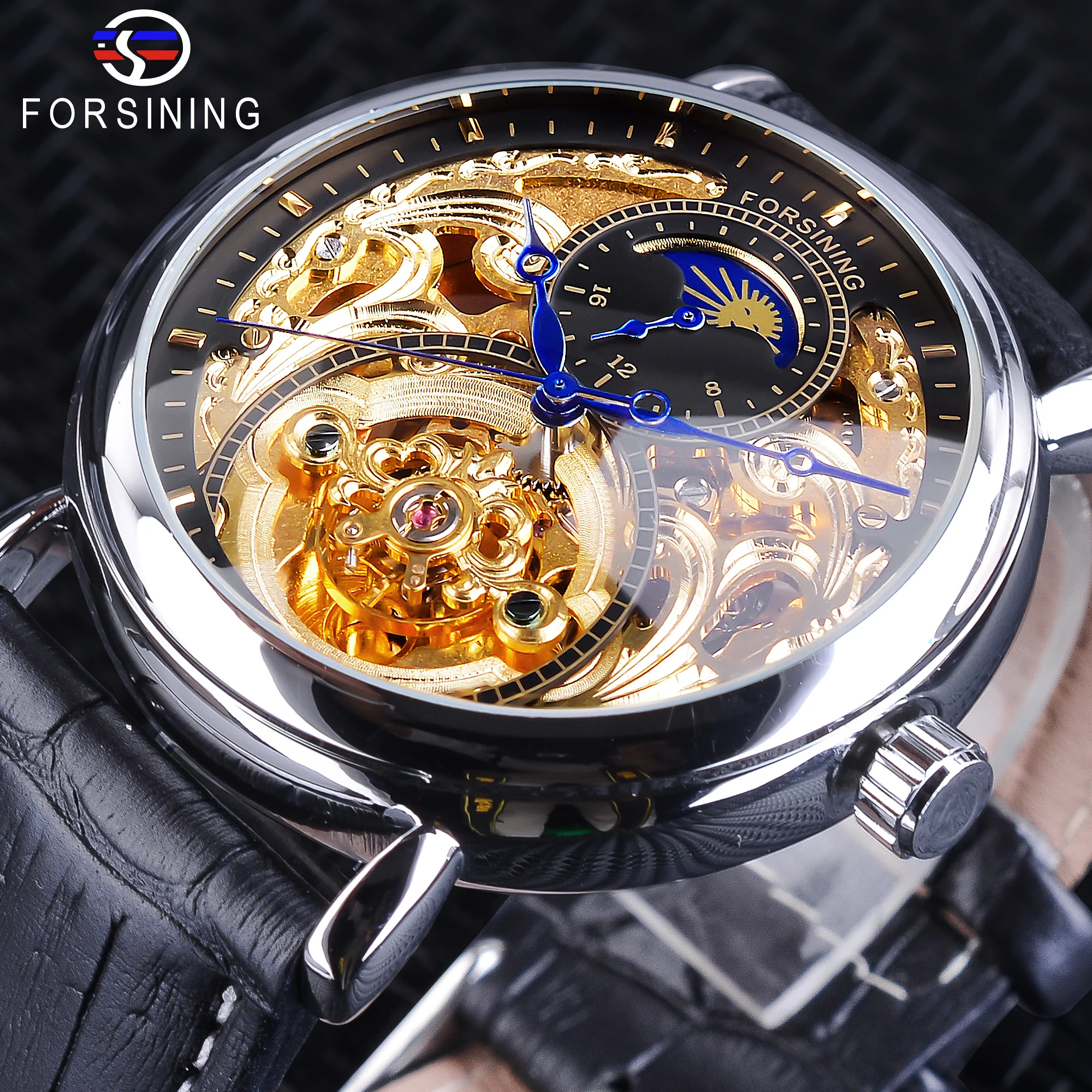 

Forsining New Golden Silver Mechanical Watches for Men Top Brand Luxury Fashion Blue Hands Black Genuine Leather Blet Moonphase
