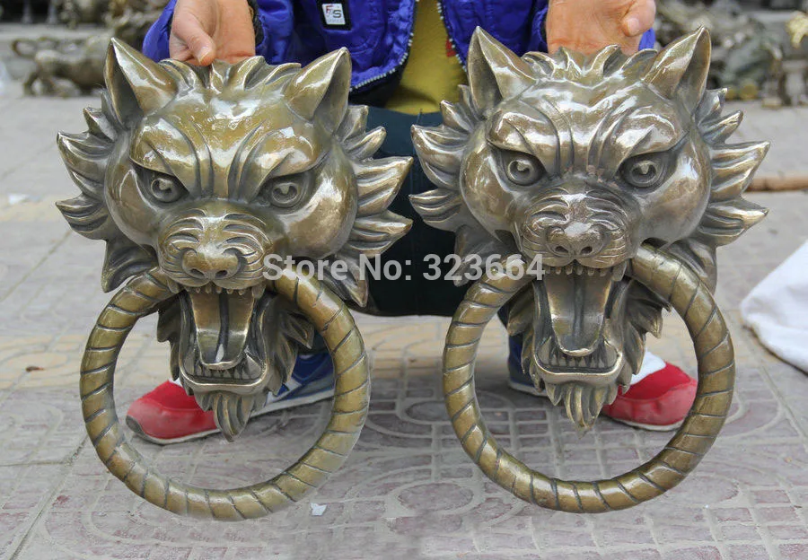 18 &quotКитайский медный волк голова зверя статуя дверной молоток пара C0320|door knocker