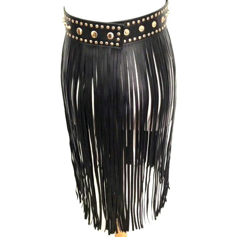 Женский длинный ремень с кисточками и бахромой черный кожаный широкими