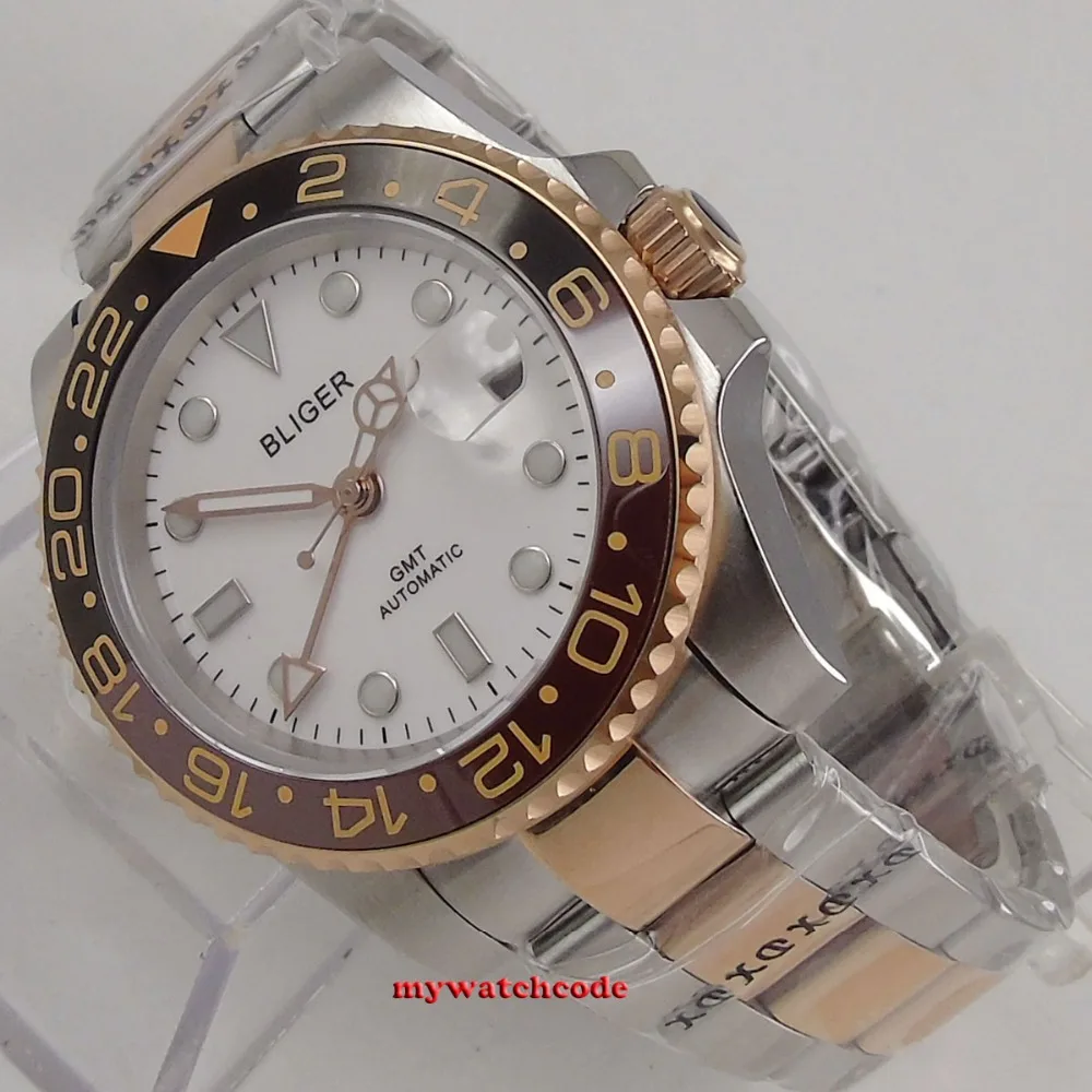 40 мм белый циферблат розовый Золотой корпус сапфировое стекло GMT окно даты