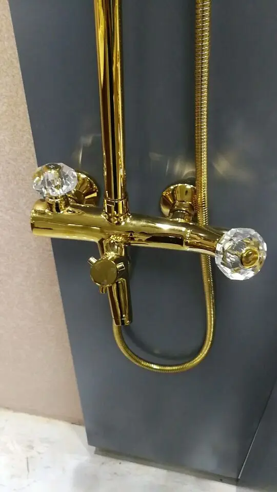 Золотой кран с водопадом и смеситель для душа двойными кристальными ручками |