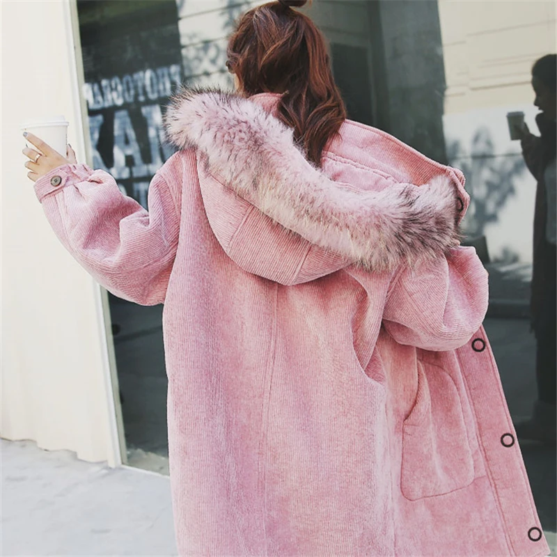 Женское вельветовое пальто с капюшоном длинная толстая стеганая куртка из