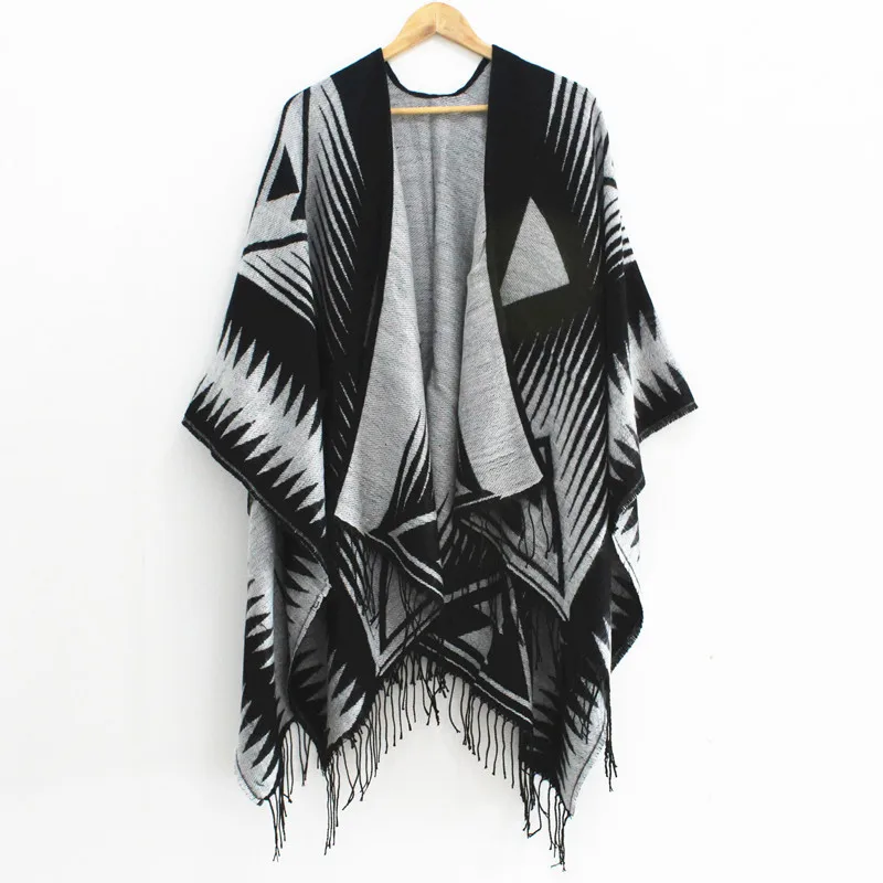 SUMEIKE Boho Для женщин вязаный кардиган пончо зима геометрический узор кисточкой