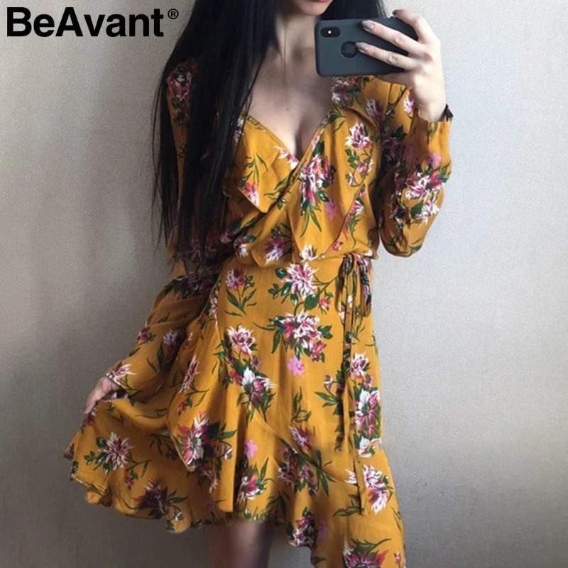 Женское платье с оборками BeAvant сексуальное мини v образным вырезом летнее длинным