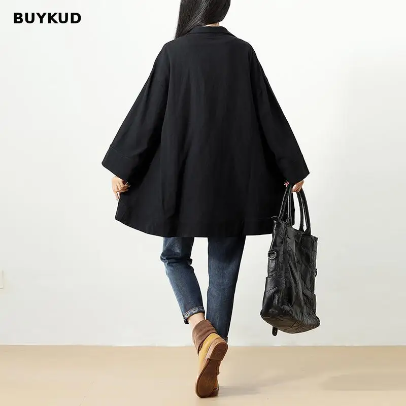 BUYKUD повседневное Свободные Хлопок Черный для женщин рубашка 2018 демисезонный
