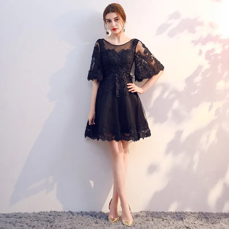 Black Robe de soiree, черные кружевные модные короткие вечерние платья с открытой спиной, пышные рукава, vestido de festa, платья для выпускного вечера, Платья для вечеринок - Цвет: Black