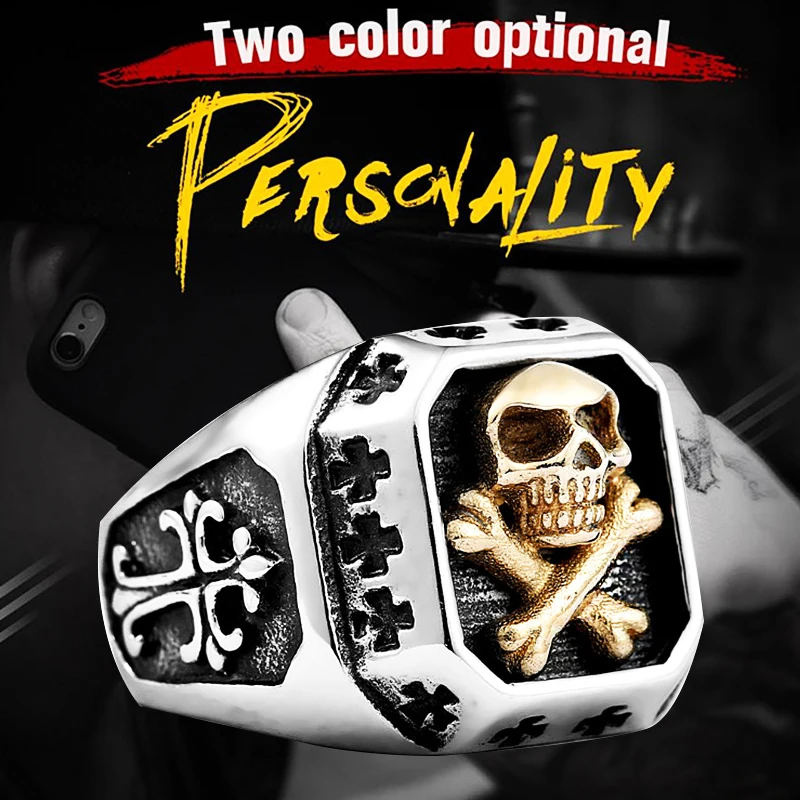 Мужское кольцо KLDY Punk Золотое из нержавеющей стали с черепом байкерское для