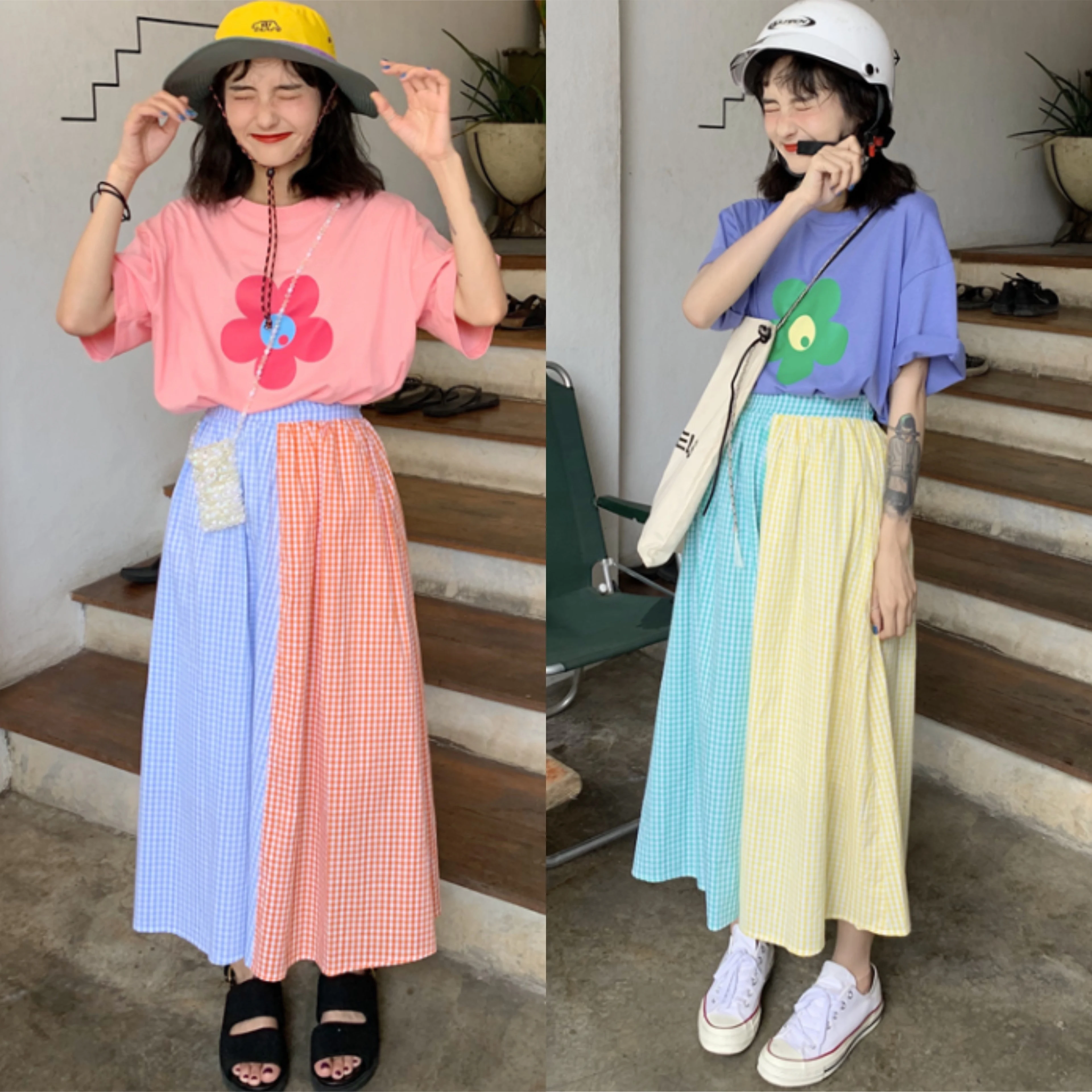 Высокая талия лоскутное блок контрастный карамельный цвет полосатый Boho Kawaii милая Лолита Mori девушка Корейская длинная юбка миди Маргаритка/Топ/рубашка