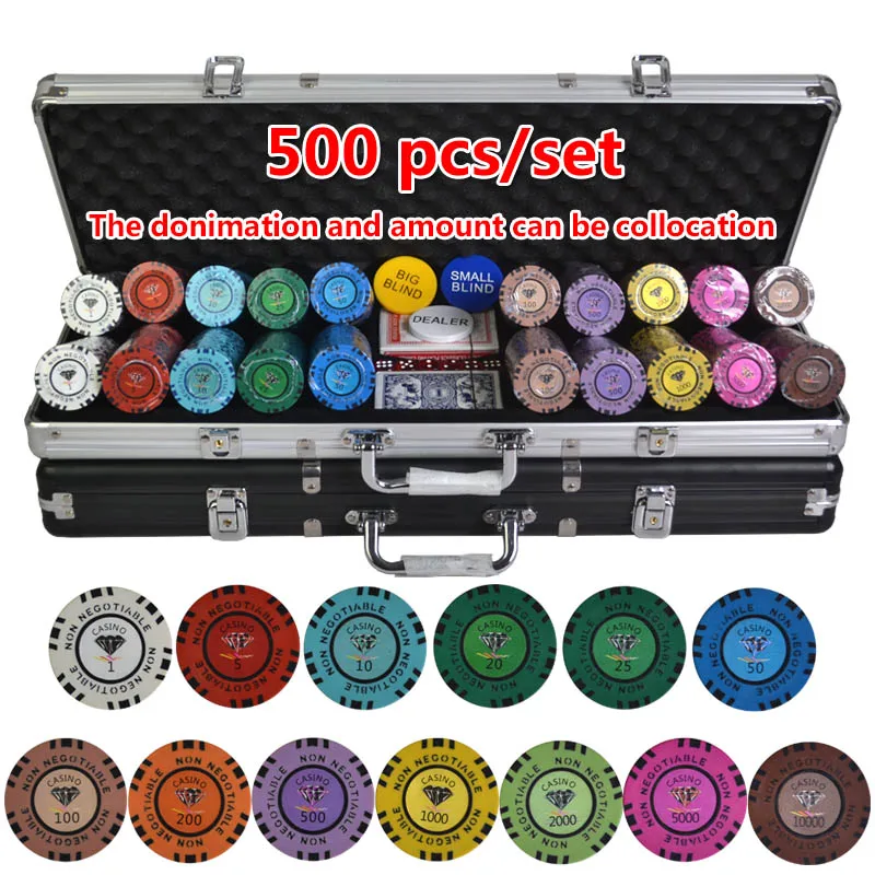 100-500PCS/SET 13.5g Diamond Poker Chips Sets Clay Casino Chips Poker Sets With Metal Box&Dealer&Dice&Table Cloth&Poker Card