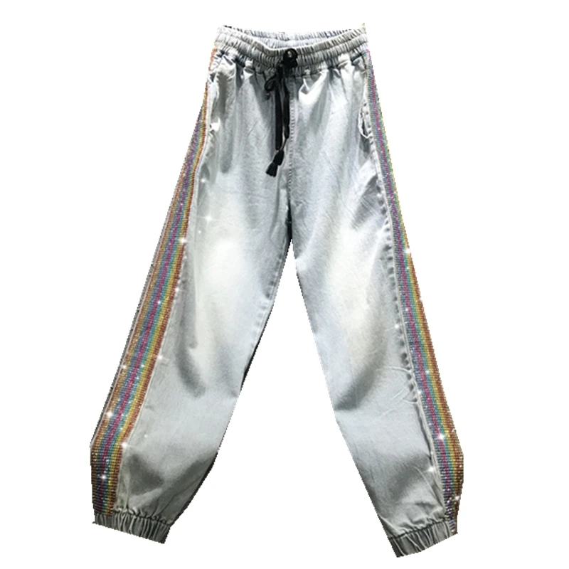 

Color rhinestone beaded jeans women 2022 summer new elastic high waist ankle length harem pants