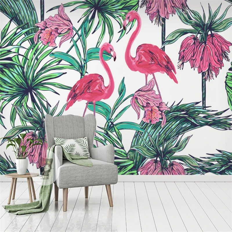 

wellyu Flamingo Leaves Tropical Rain Forest Wall Custom Large Mural Green Wallpaper papel de parede para quarto