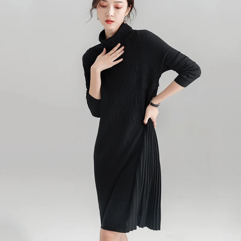 Long Back High-necked Pullover Sweater Dress Autumn Winter Thick Warm Sleeve Solid Wool Loose LJ1014 | Женская одежда