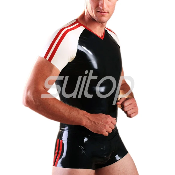 Men 's Latex  sets Rubber Shorts with rubber latex sports T-shirts