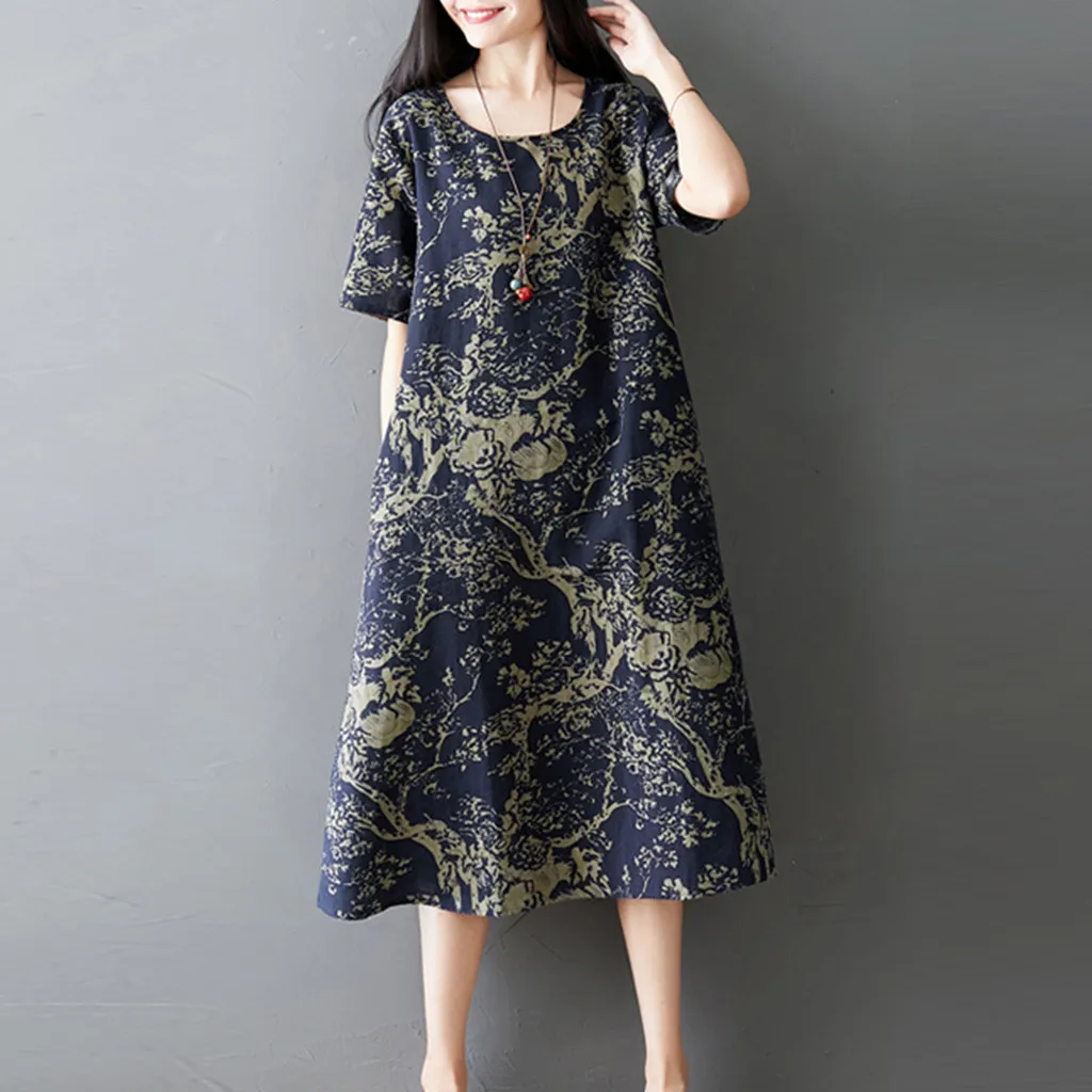 Женское винтажное платье с принтом в стиле бохо повседневное свободное до колена