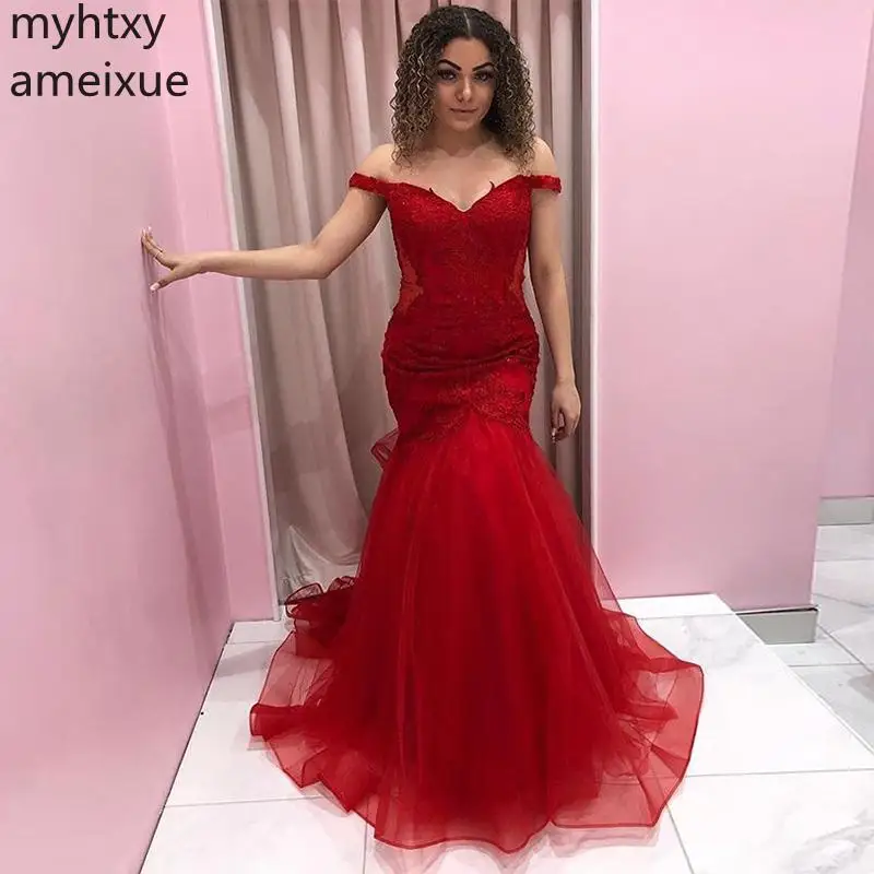 

Event Shoulder Prom Dress Plus Size Boat Neck Red Appliques Mermaid Style Ruffles Tulle Skirt 2021 New Women Formal Party Dress