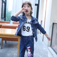 2019 baby girl clothes spring and autumn girls print denim jacket jeans body suit kids clothing set girls two piece jean suit