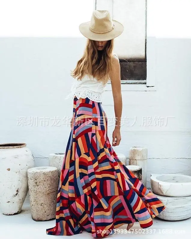 Женская эластичная пляжная юбка макси радужного цвета длинная Плиссированная в