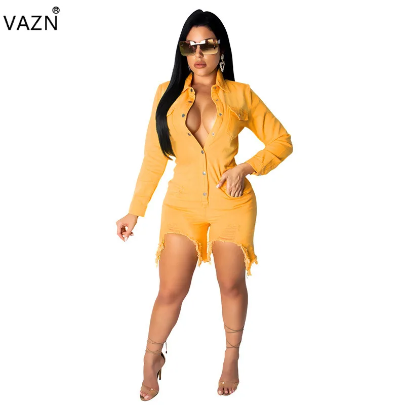 Женский джинсовый комбинезон VAZN однотонный Облегающий с длинным рукавом