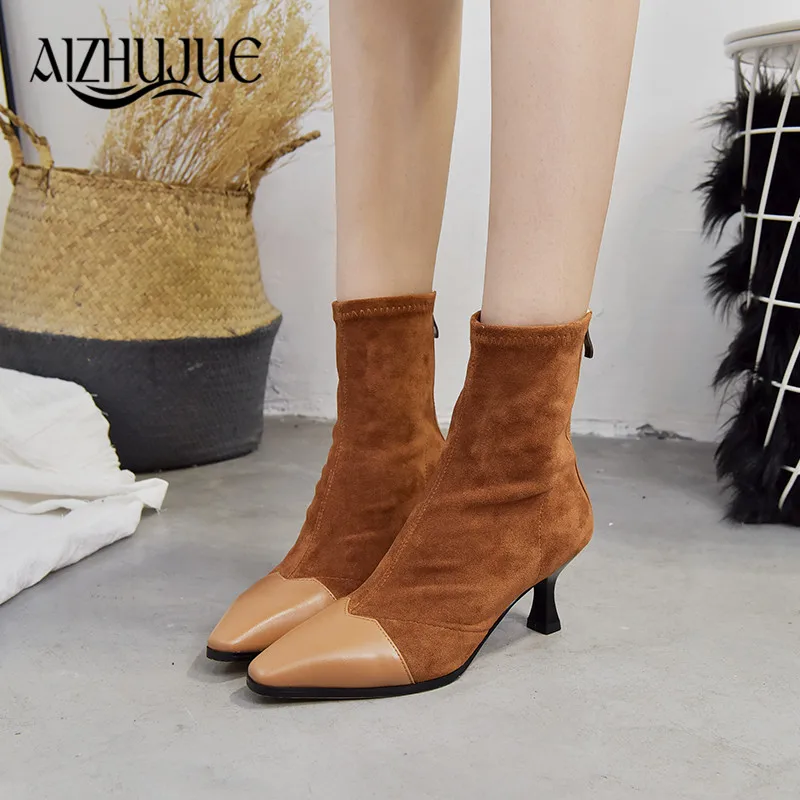 2018 женские сапоги до середины голени из флока модные с острым носком на высоком