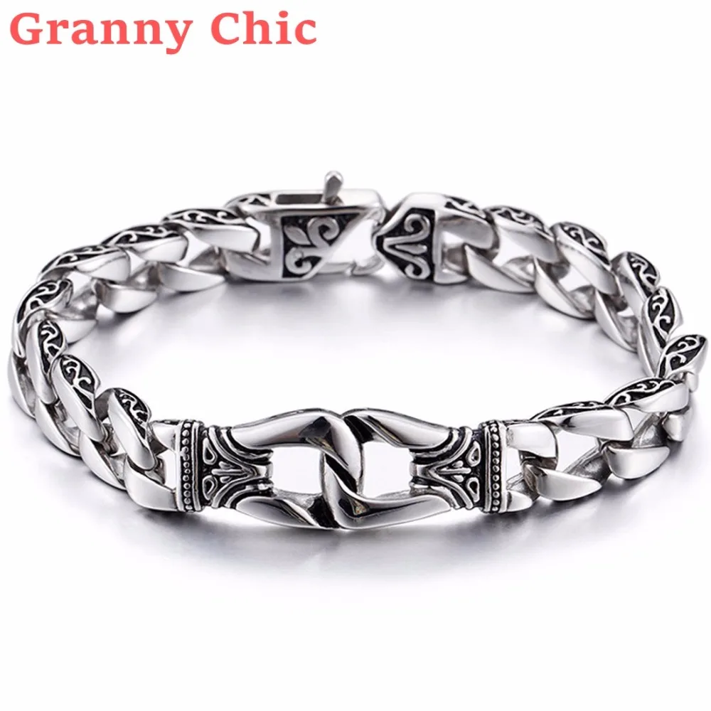 

Granny Chic Charming 8.85" 15mm Mens Bracelet Silver 316L Stainless Steel Curb Cuban Link Chain Boys Fashion Wholesale Jewelry