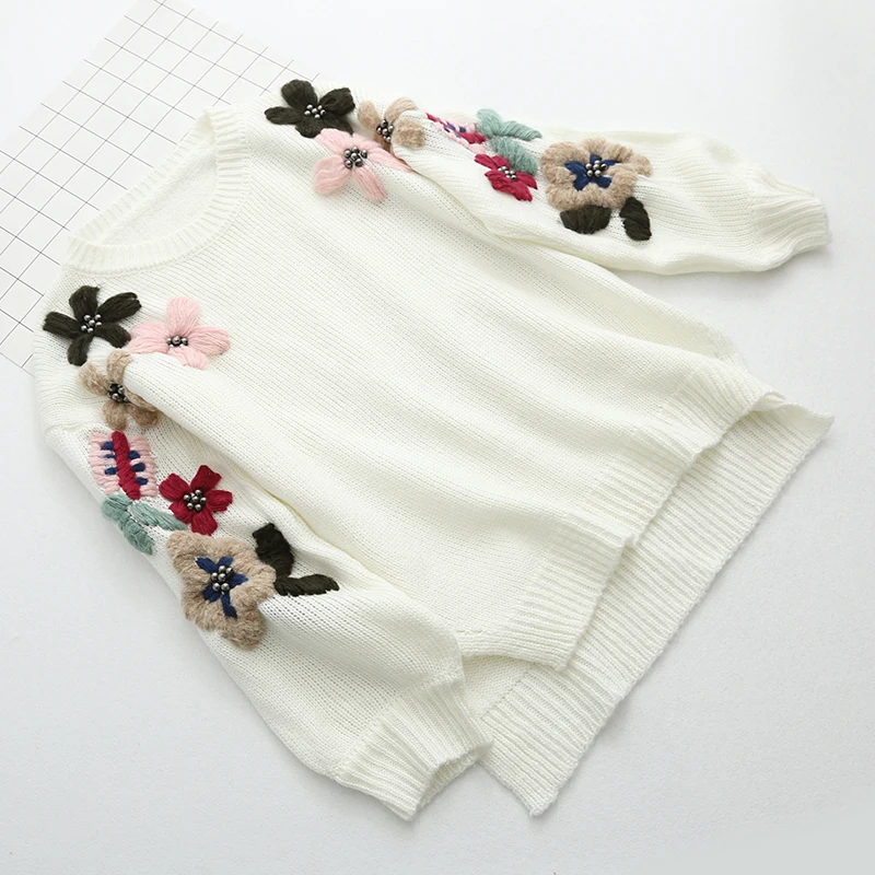 Милый Пуловер с объемной цветочной вышивкой и круглым вырезом шерстяной свитер