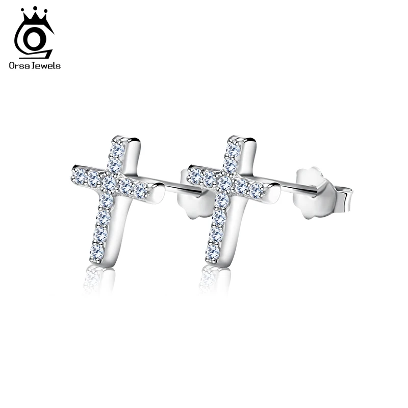 ORSA JEWELS, модные маленькие серьги-гвоздики с крестиком, австрийский кубический цирконий для свадьбы, Модные женские ювелирные изделия OE132 - Окраска металла: Платиновое покрытие