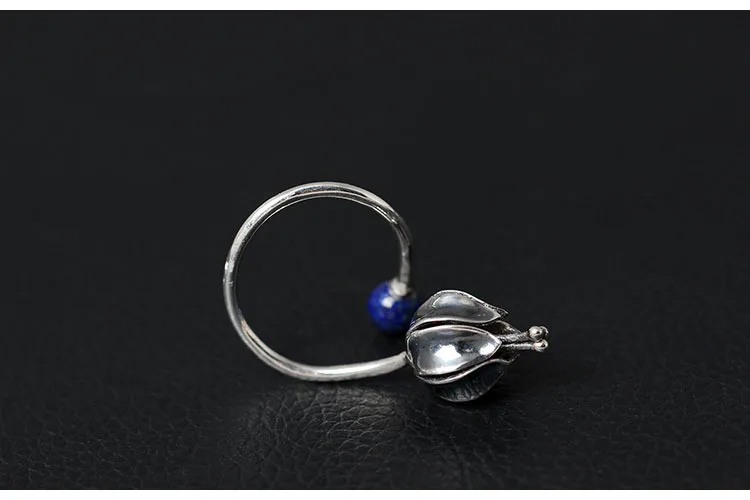 

Uglyless Real S925 Sterling Silver Exotic Flower Rings for Women Vintage Ethnic Open Ring Nature Blue Lapis Beads Jewelry Bijoux