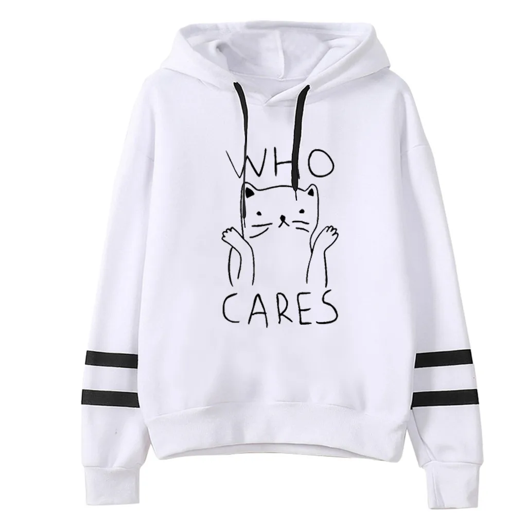 Женские толстовки 2019 повседневные с капюшоном и принтом кошки пуловер длинным