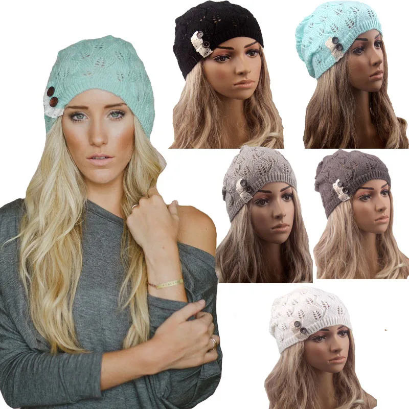 

Women Hats Winter Woman Caps Hat Female Knitted Sweater Knitted Hat Lace Wool Beanie Hat Casual Hollow Out Leaves Button Y14