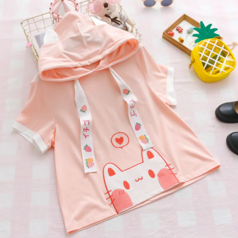 Pink shirts Милые кошачьи ушки в стиле Лолиты, футболка для женщин, каваи, клубника, забавные, 90 s, для девочек, женские Т-образные топы, милые розовые футболки с рисунком в виде сердца - Цвет: Pink shirts