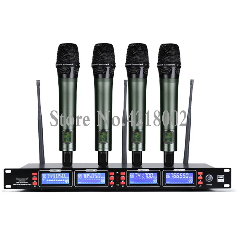 구매 UHF 4 채널 디지털 무대 성능 무선 마이크, 마이크 시스템 4 핸드 헬드