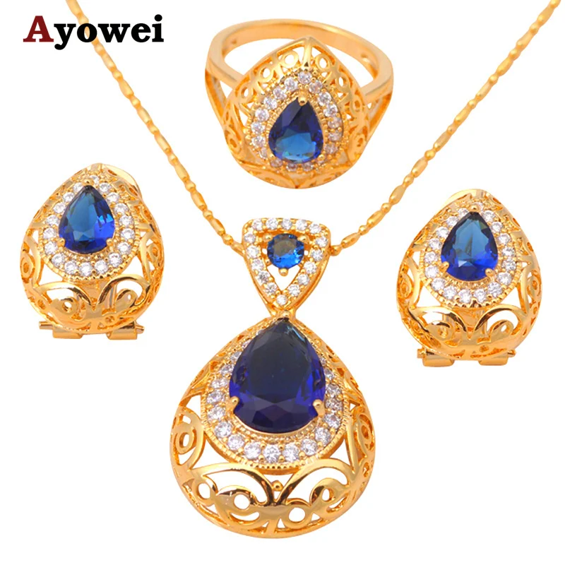 Ожерелье и кольцо с сердцем из голубого циркония золотого тона серьги без никеля