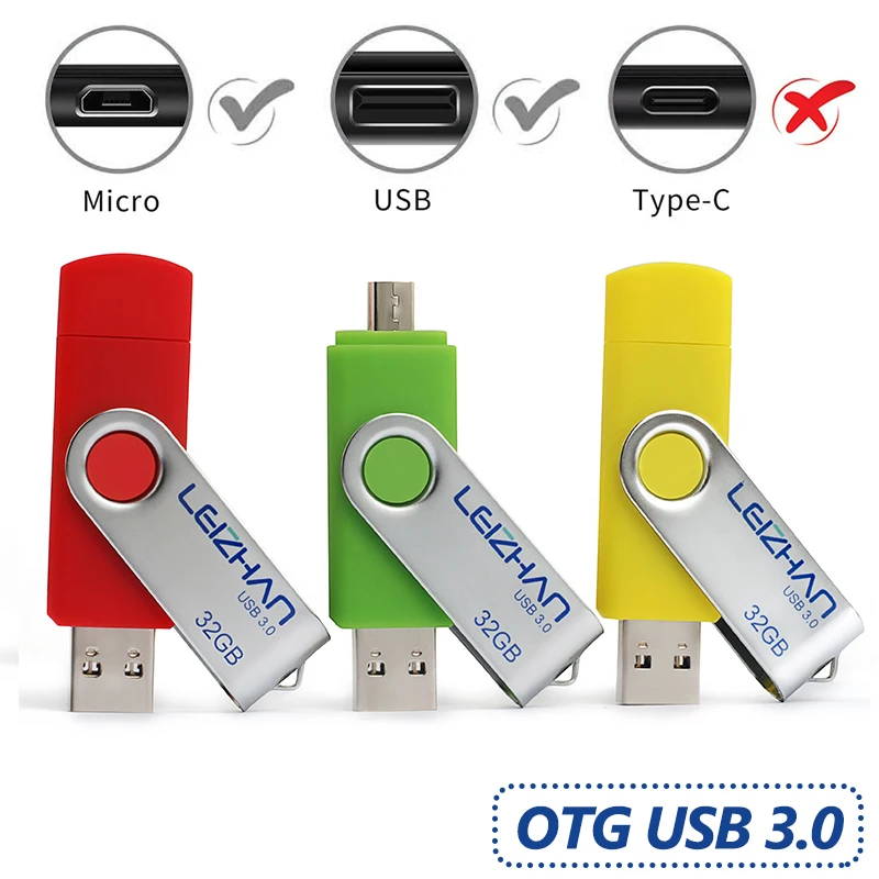 LEIZHAN USB 3 0 Android Флешка 128 ГБ Micro Phone Pen Drive 64 32 16 8 OTG флэш накопитель Рамочка для