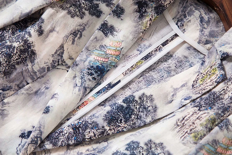 SEQINYY Short Jacket Summer Spring New Fashion Design 3/4 Sleeve Ink Forest Printed Thin Casual Women Linen Blazer