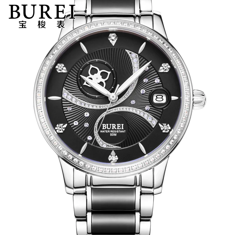 Steel Silver Black BUREI, розовое золото, черные часы, женские механические Автоматические часы, женские водонепроницаемые керамические часы с кожаным ремешком, бриллиантовые светящиеся часы с датой - Цвет: Steel Silver Black