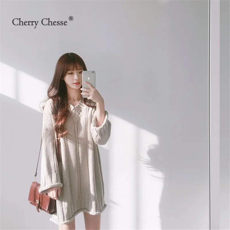 Cherry Chesse Винтаж Для женщин длинный свитер с v-образным вырезом пуловер длинными