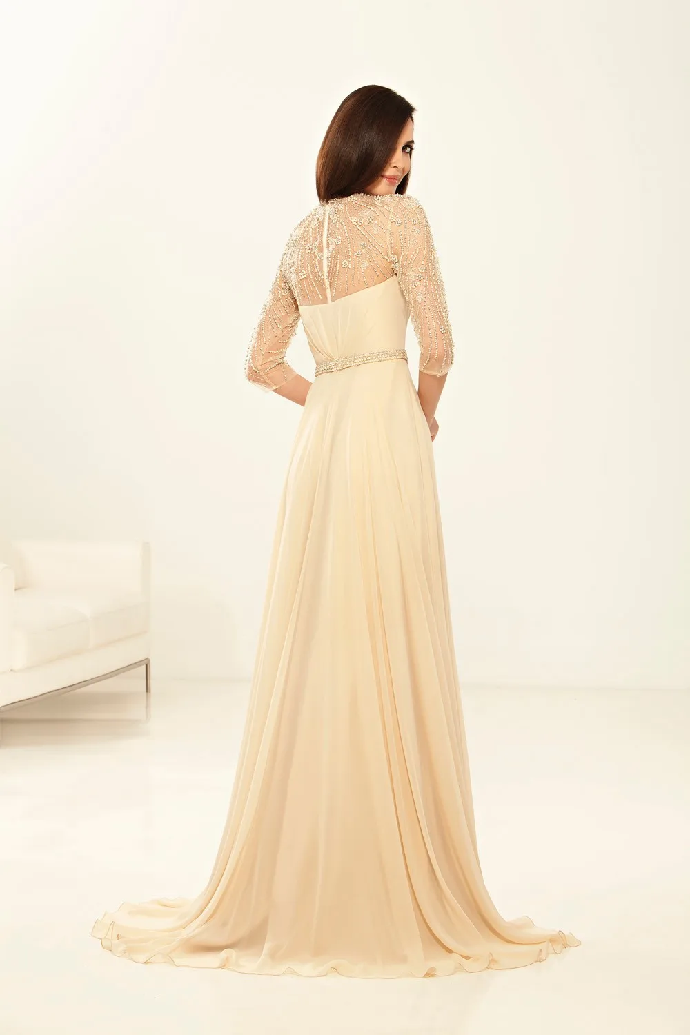 elegant luxury mother of the bridal dress 2016 o neck beaded champagne chiffon women formal evening gown for party | Свадьбы и