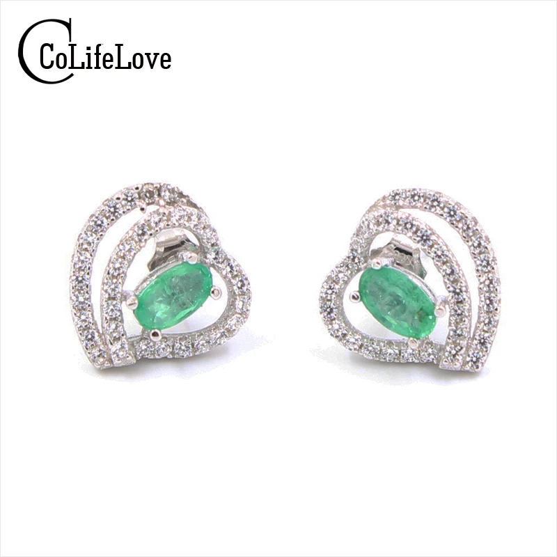 Женские серьги гвоздики из серебра 925 пробы с натуральным изумрудом 3 Х5 мм|stud