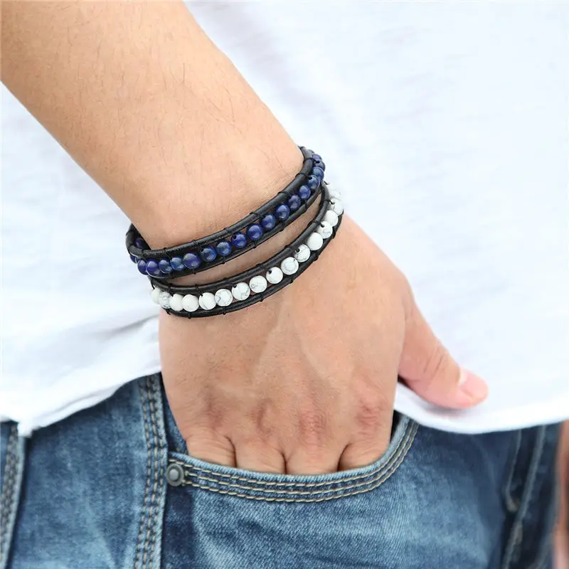 Мужской кожаный браслет ручной работы плетеный из воловьей кожи с натуральными