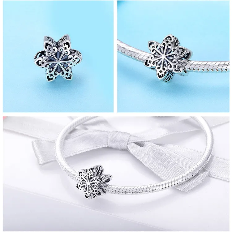 BISAER 925 Sterling Silver Blue CZ Winter Snowflake Crystal Beads for Women Jewelry Making Original Silver Charm Bracelet Gifts