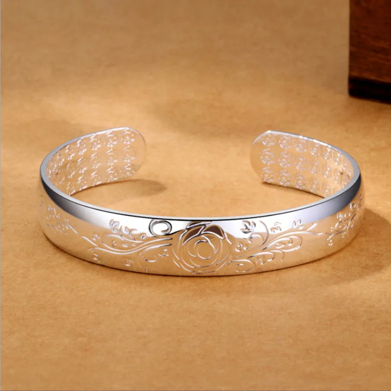 

Lotus Sutra 925 sterling silver cuff bracelets bangles Tibetan Buddhist scriptures language female hand jewelry