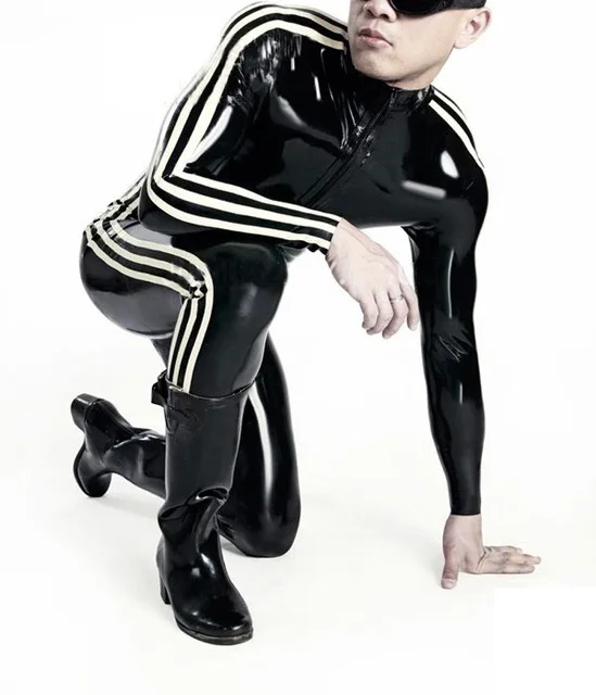 Kaufen Heißer Verkauf Mode Männer 3 Weiß Streifen Latex Catsuit Rubber Body Gummi 0,4mm Overall W Vordere Gabelung Zipper Hot Verkauf