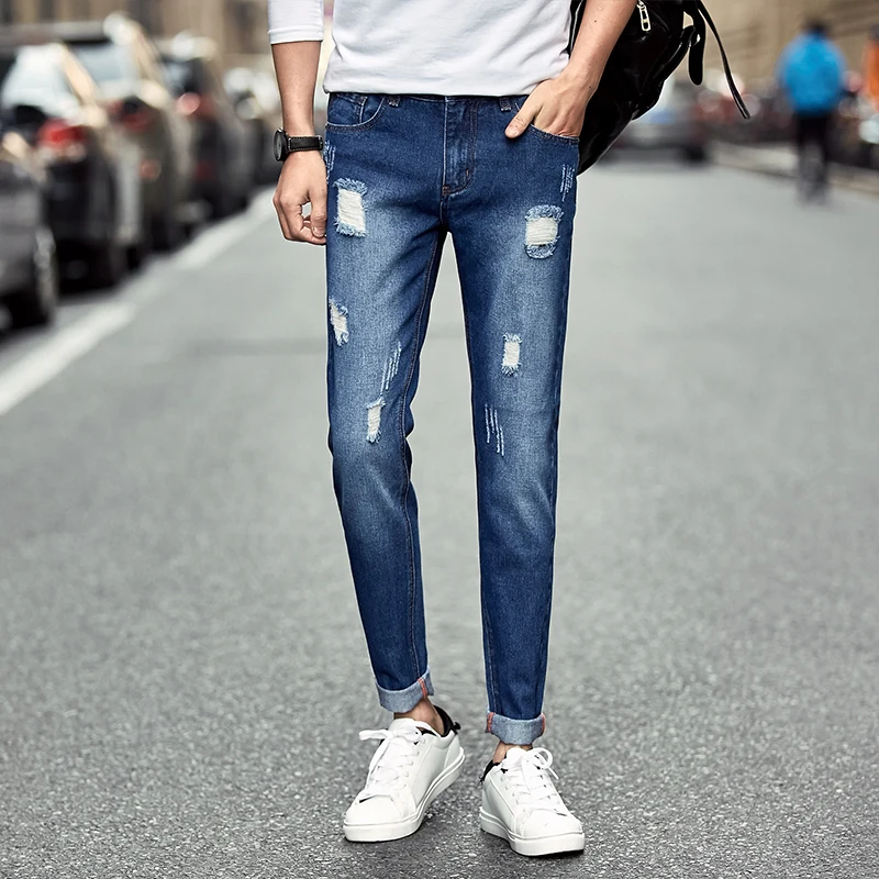 Мужская версия Корейской моды тонкий ноги сломанные отверстия джинсы мужские