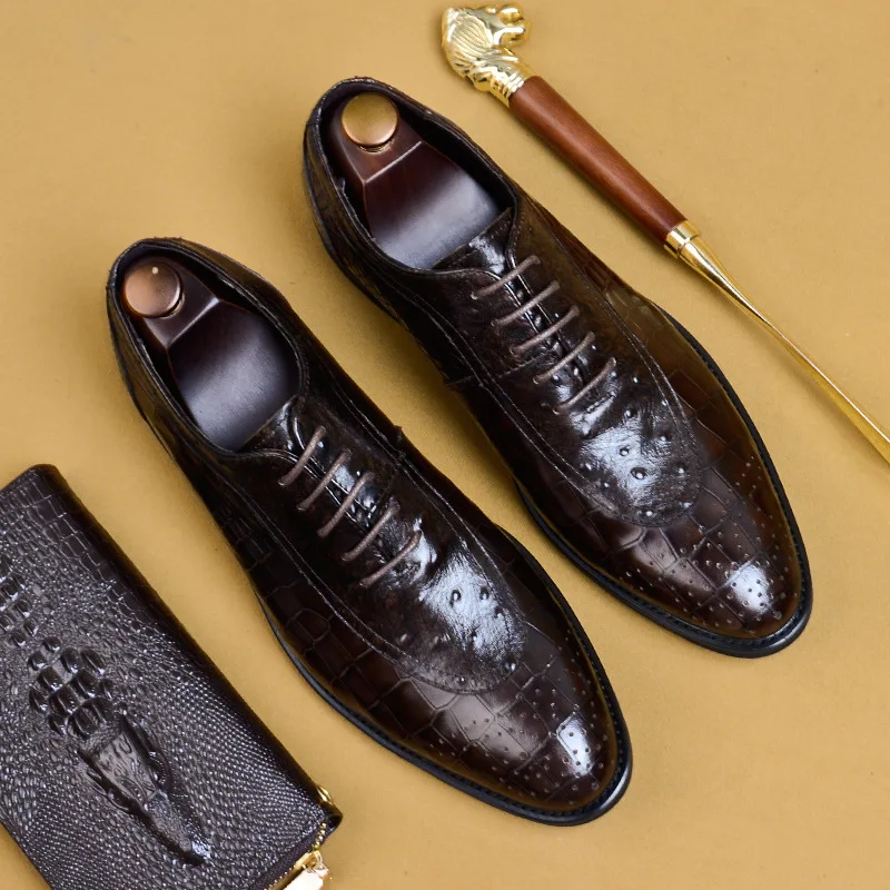 

2019 England Style Lace Up Point Toe Men Fashion Party Soft Leather Shoes Crocodile Grain Platform Shoe
