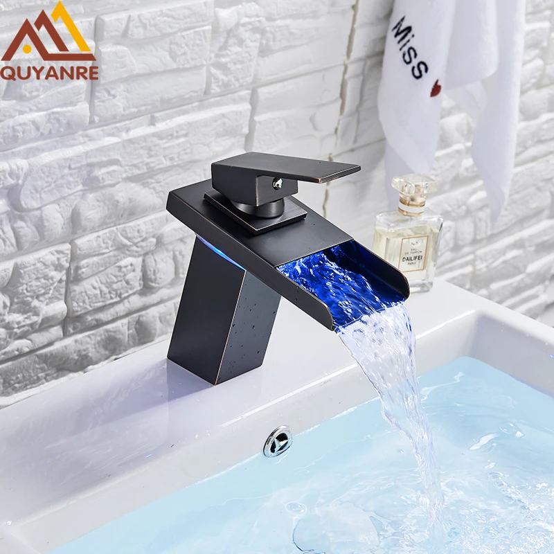Quyanre LED Blackend Waterfall Basin Faucet Light Bathroom Mixer Tap Sink Single Handle Toilet | Обустройство дома