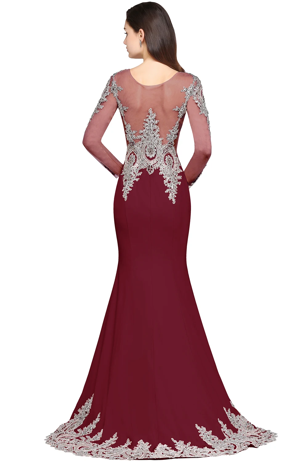 Vestido de Festa Сексуальные Розовые Платья С Открытой Спиной И Длинными Рукавами Кружевные Вечерные Плятья В Фрме Русалки С Цветами,Отделкой Из Бисера С Овальным Вырезом Горловины de Soiree