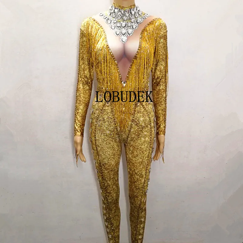 2019 Gold Tassels Rhinestones Jumpsuit Women Sexy Nightclub Clothing Bar Singer Host Performance Stage Wear Birthday Show Outfit