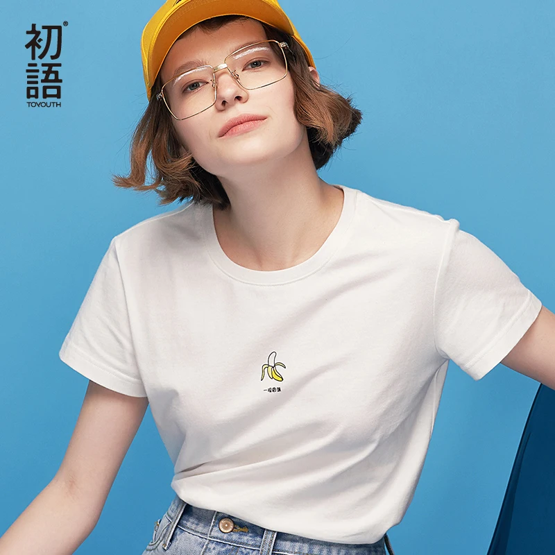 Toyouth Для женщин хлопковая Футболка Модные с фруктовым принтом летние топы