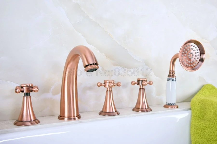 

Antique Red Copper Bathroom Tub Sink Faucet with Hand Shower Deck Mounted 5 Holes Three Cross Handle with Handheld Shower ttf200