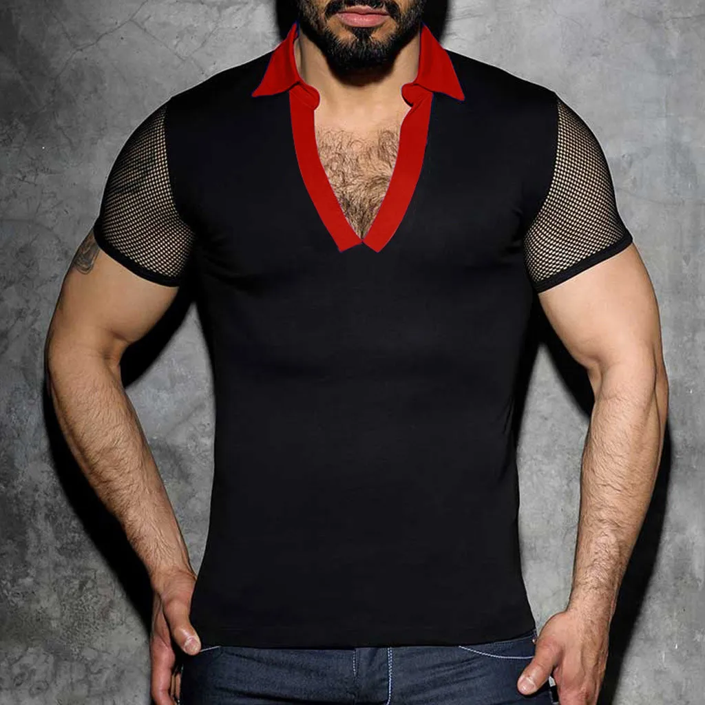 Feitong Мужская футболка camiseta летняя Лоскутная с v образным вырезом сетчатая